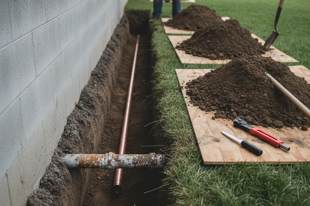 Excavated water line trench during Sewer Line Repair in Springville